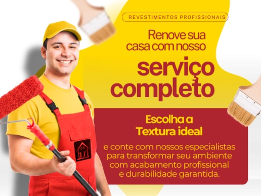 Profissional aplicando textura na parede com rolo, representando os serviços de revestimento e acabamento da Casa da Textura.