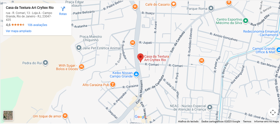 Mapa mostrando a localização da Casa da Textura Art Cryltex Rio na Rua Comari, Campo Grande, Rio de Janeiro.
