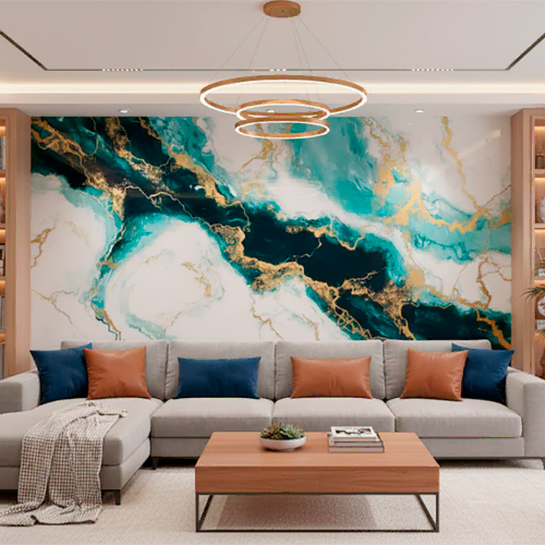 Sala de estar sofisticada com parede em marmorato, acabamento que imita mármore com elegância.